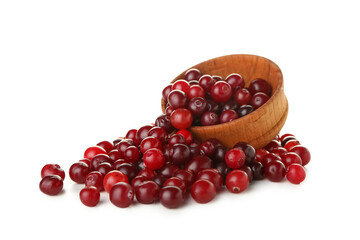 Bowl of ripe cranberries on white background