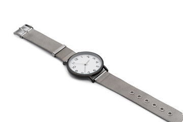 Wristwatch with a metal strap.