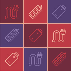 Set line Electric plug, Battery charge and extension icon. Vector