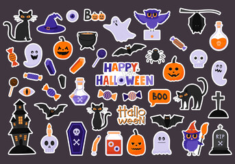 A set of stickers for celebrating Halloween. Sticker pack with a white border. Halloween characters and attributes in flat style. Ghost, owl cat, bat, candy, haunted house.Color vector illustrations.