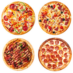 Set of different pizzas collage isolated on white background