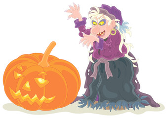 Angry witch practicing witchcraft on a big terrible Halloween pumpkin with a carved scary smile, vector cartoon illustration isolated on a white background
