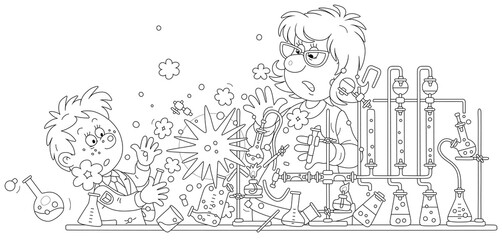 School teacher and a schoolboy making an explosion during a dangerous experiment with reagents at a chemistry lesson in a class, black and white vector cartoon illustration