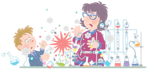 School teacher and a schoolboy making an explosion during a dangerous experiment with reagents at a chemistry lesson in a class, vector cartoon illustration on a white background