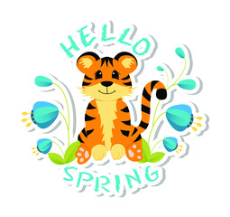 Fototapeta na wymiar Sticker with symbol of the 2022 year. Cute littele tiger sitting with spring flowers.. Colorful design for social media communication, networking, website badges, greeting cards.