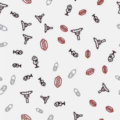 Set line Glass of beer, Sausage on the fork, Salami sausage and Hotdog sandwich on seamless pattern. Vector