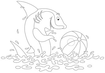 Funny playful shark wallowing in waves of a tropical sea and playing a big striped ball, black and white outline vector cartoon illustration for a coloring book page