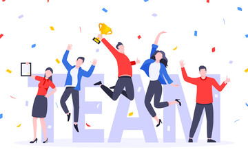 Happy business employee team winners award ceremony flat style design vector illustration. Employee recognition and best worker competition award team celebrating victory winner business concept.