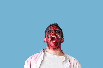 Scary zombie man on color background