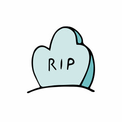 Vector doodle tomb with lettering RIP. Blue color grave isolated on white background. Headstone on the graveyard. Cartoon cemetery landscape. Symbol of Halloween, Day of the Dead, burial illustration