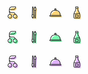 Set line Covered with tray of food, Fresh berries, Food chopsticks and Sauce bottle icon. Vector