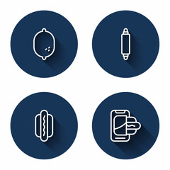 Set line Lemon, Rolling pin, Hotdog and Food ordering mobile with long shadow. Blue circle button. Vector