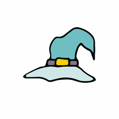 Doodle blue witch hat. Hand-drawn detail of masquerade festive costume isolated on white background. Vector illustration for Halloween, trick or treat party, mystical paranormal design, creepy print