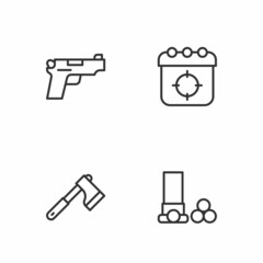 Set line Cartridges, Wooden axe, Pistol or gun and Target sport icon. Vector