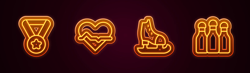 Set line Medal, Heart rate, Skates and Bowling pin. Glowing neon icon. Vector
