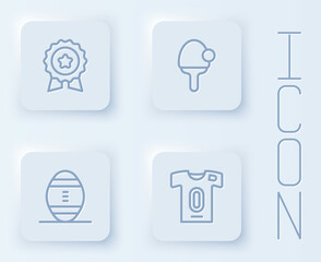 Set line Medal with star, Racket, American Football ball and jersey and t-shirt. White square button. Vector