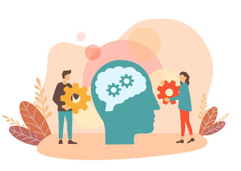 Fototapeta premium Mental health care treatment vector illustration concept. specialist doctor work to give psychology therapy. Tiny people character with ladder design. Banner, poster, or media social printing.
