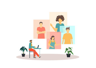Online meeting concept. Vector of a man using computer for an online meeting with friends.