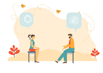 Flat design vector concept for psychotherapy session. Patient with psychologist, psychotherapist office. Psychiatrist session in mental health clinic.
