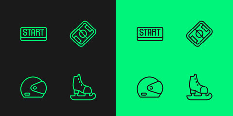 Set line Skates, Racing helmet, Ribbon finishing line and Football field icon. Vector