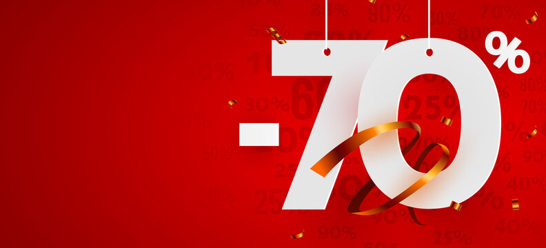 70 percent Off. Discount creative composition. Mega sale symbol with decorative objects. Sale banner and poster.