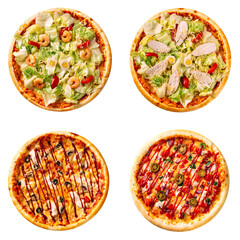 Set of four different pizzas isolated on white background