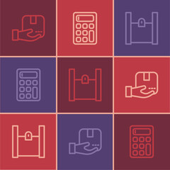 Set line Delivery hand with box, Paper shopping bag and Calculator icon. Vector