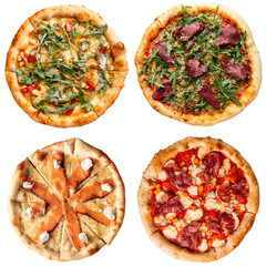 Set of four different pizzas isolated on white background