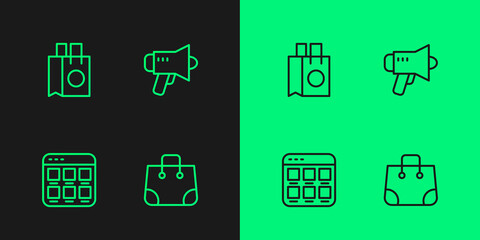 Set line Paper shopping bag, Online on screen, and Megaphone icon. Vector