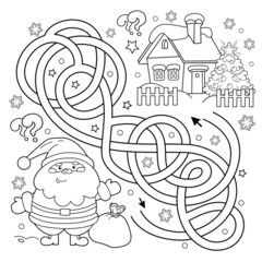 Maze or Labyrinth Game. Puzzle. Tangled Road. Coloring Page Outline Of Santa Claus with gifts bag and Christmas tree. New year. Christmas. Coloring book for kids.