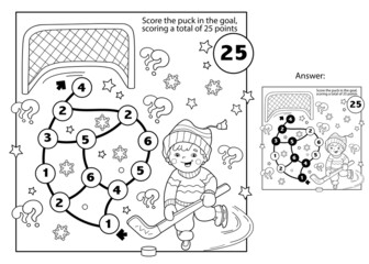 Mathematical addition game. Puzzle for kids. Coloring Page Outline Of cartoon boy playing hockey. Winter sports. Coloring book for children.