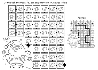 Maze or Labyrinth Game. Puzzle. Coloring Page Outline Of Santa Claus with gifts bag and Christmas tree. New year. Christmas. Coloring book for kids.