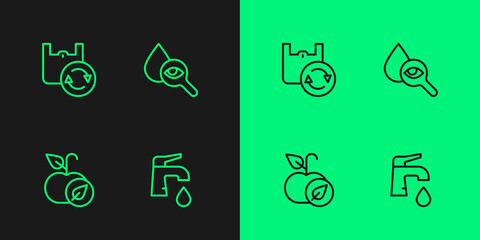 Set line Water tap, Apple, Shopping bag with recycle and Drop and magnifying glass icon. Vector
