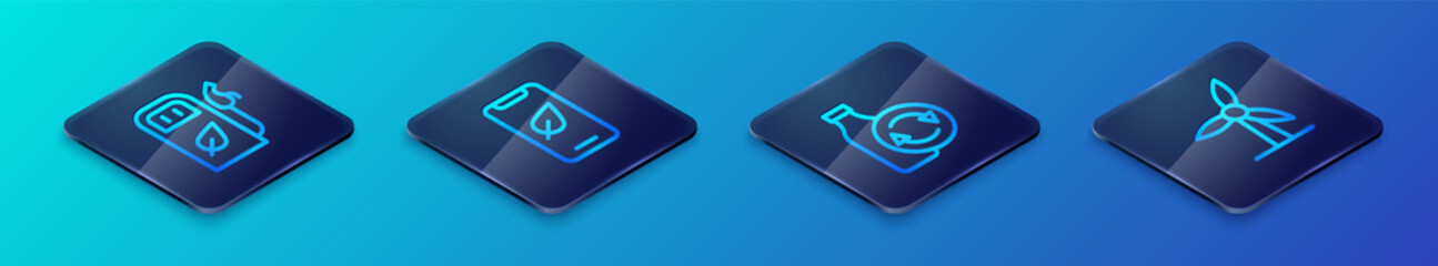 Set Isometric line Recycling plastic bottle, Petrol or gas station, Wind turbine and Mobile phone with leaf icon. Vector