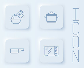 Set line Measuring cup and bowl, Cooking pot, Frying pan and Microwave oven. White square button. Vector