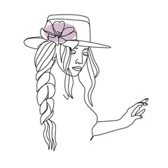 Woman with hat. Line art female hands with flowers. Abstract face with flowers  by one line vector drawing. Portrait minimalistic style. Botanical print. Nature symbol of cosmetics
