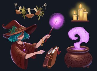 Magic Halloween set with witch, pot, mushrooms, magic wand, books, candles on dark background