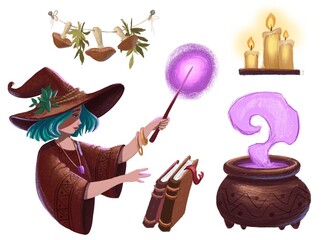 Magic Halloween set with witch, pot, mushrooms, magic wand, books, candles on white background - 461199063