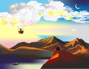 composition with a balloon flying over the mountains and people sitting on the slope,  © klatki