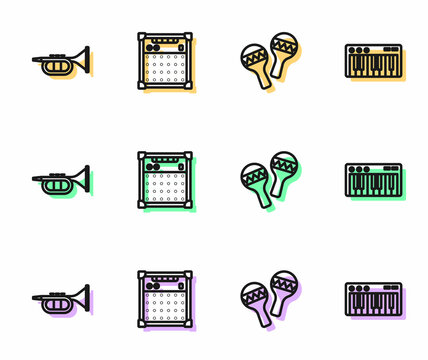 Set line Maracas, Trumpet, Guitar amplifier and Music synthesizer icon. Vector