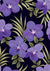 Seamless pattern of Orchid flowers with leaf background template. Vector set of floral element for tropical print, wedding invitations, greeting card, brochure, banners and fashion design.