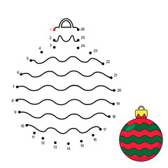 Dot to dot game with cartoon New Year toy. Connect the dots by numbers and finish picture. Education Game with answer for kids. Coloring Page with cute vector Christmas Ball. Practice counting to 26.