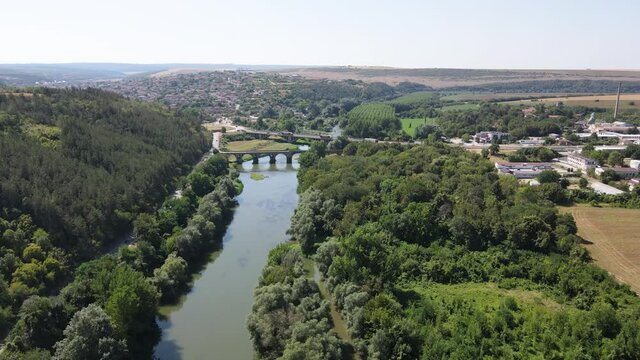 Aerial view of Nineteenth-century bridge over the Yantra River, known as the Kolyu Ficheto Bridge in Byala, Ruse region, Bulgaria