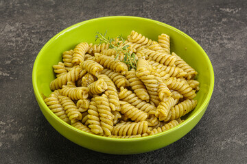 Italian pasta Fusilli with pesto