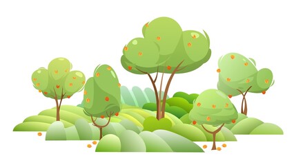 Garden and rolling hills. Rural landscape with fruit trees and farmer hills. Ripe apricot. Cute funny cartoon design illustration. Flat style. Isolated on white. Vector.