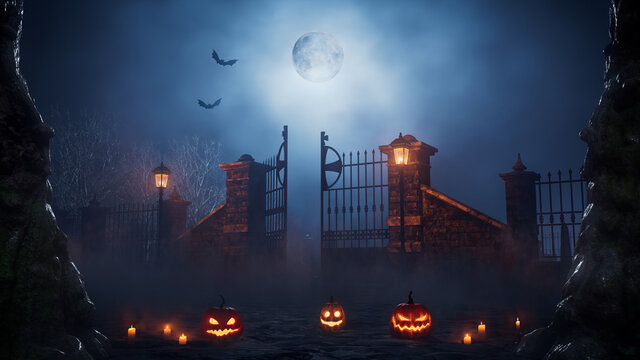 Halloween Pumpkin Lanterns with Candles, at an Eerie Forest Churchyard Gate at Night.