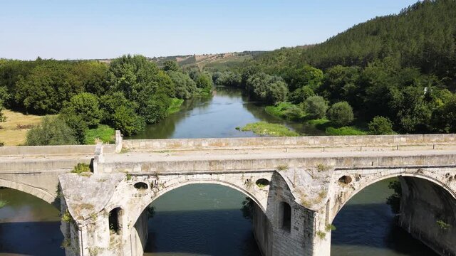Aerial view of Nineteenth-century bridge over the Yantra River, known as the Kolyu Ficheto Bridge in Byala, Ruse region, Bulgaria