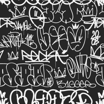 Graffiti street art abstract tags black and white vector seamless pattern. Hip-Hop style endless background for print fabric and textile design. Spray paint graffiti tags