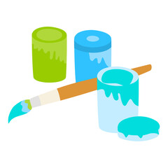 three paints and brushes in green, light blue, and blue vector illustrations