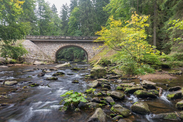 Fototapeta na wymiar Bridge gate Zemska brana, river Divoka Orlice, Czech republic Eagle mountains (Orlicke hory) during summer time.